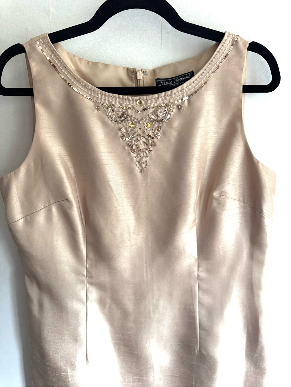 Jessica Howard Evenings-Sleeveless Sheath Dress in Champagne Beaded Neckline
